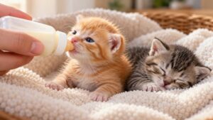 Gatitos sin mamá: cómo cuidarlos y evitar errores peligrosos 2 Dos gatitos sin mamá sobre una manta; uno toma el biberón y el otro descansa.